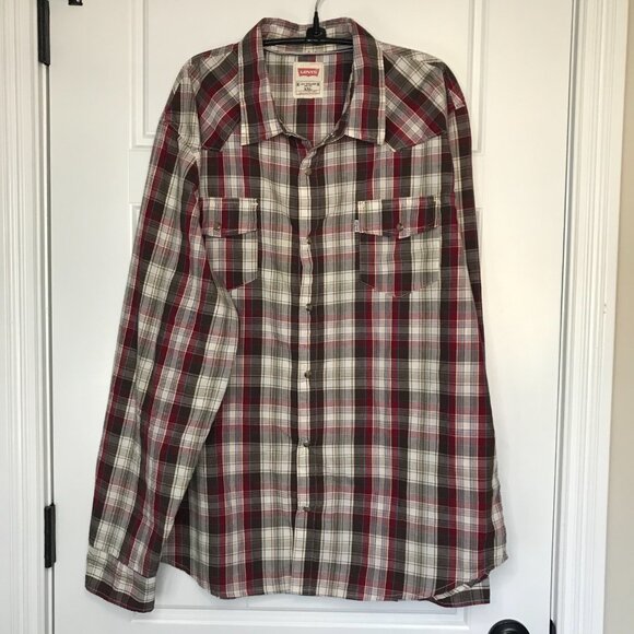 Levi's Pearl Snap Button Down Shirt Men's XXL Plaid Long Sleeves Cotton Blend - Picture 2 of 9